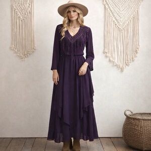 Spencer Alexis Purple Chiffon Fringe Maxi Dress 6 Vintage Boho Romantic Gothic